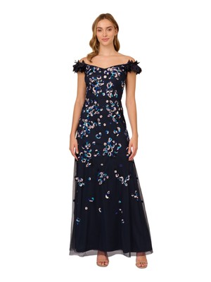 ADRIANNA PAPELL Womens Navy Lined Petal Trim Sleeve Formal Gown Dress 14