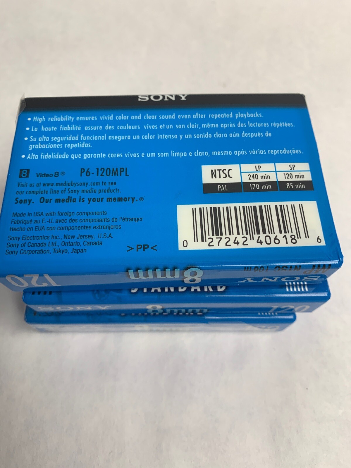 Sony 3 Pack 8mm Standard 120 Minute Blank Camcorder Tapes Sealed