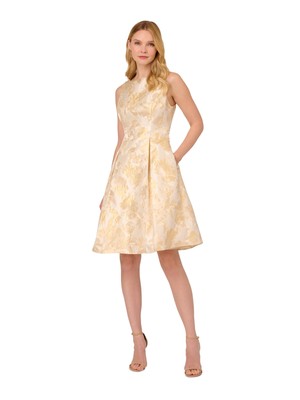 ADRIANNA PAPELL Womens Beige Back Lined Sleeveless Fit + Flare Dress 18