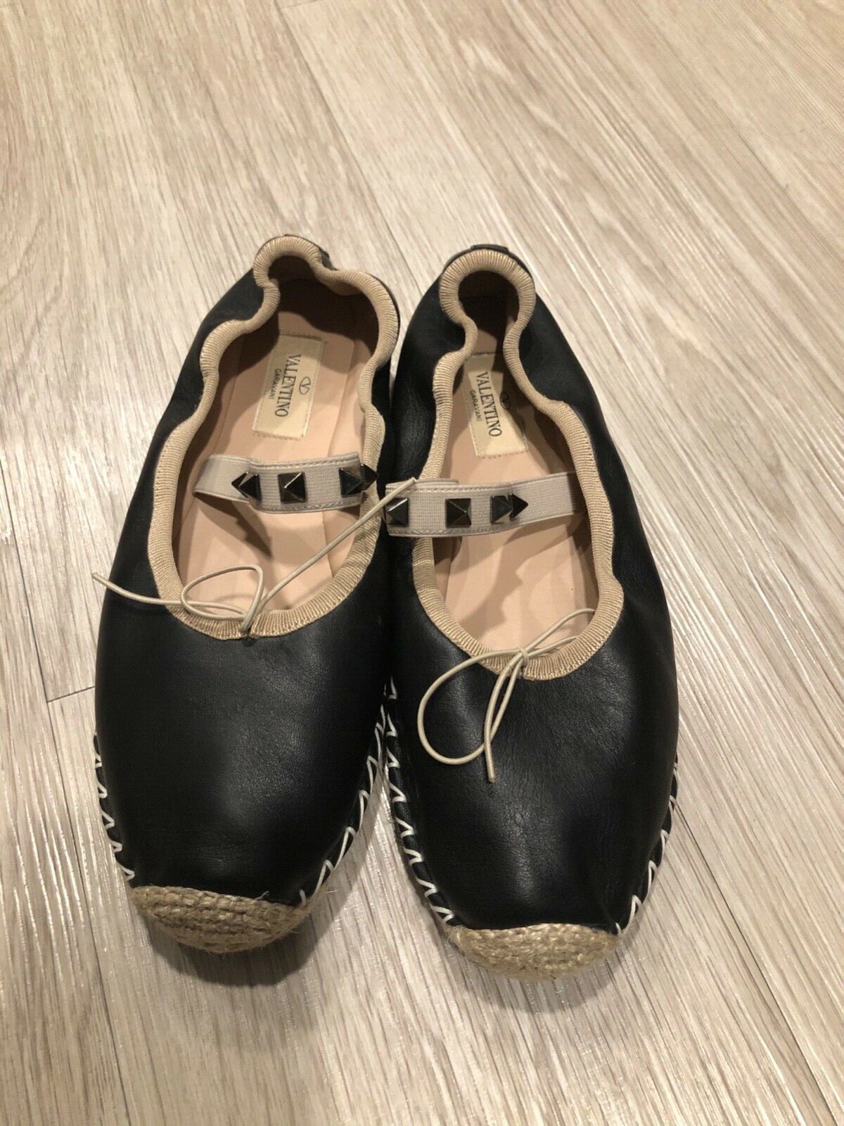 Valentino Rockstud Black Leather Ballerina Ballet Espadrille Valentino Rockstud Black Leather Ballerina Ballet Espadrille