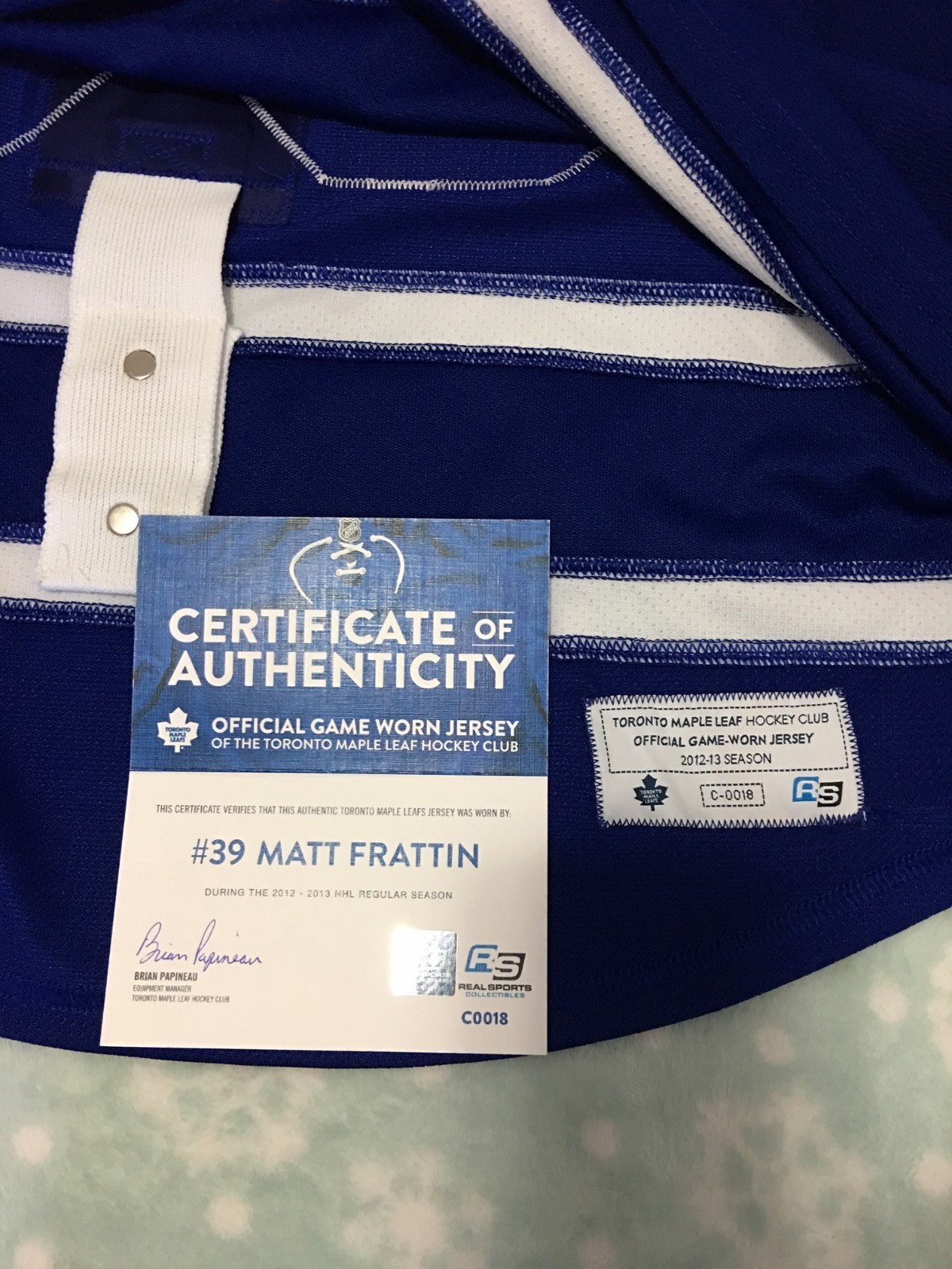 Matt Frattin Toronto Maple Leafs #39 Game Worn NHL jersey former Fighting Sioux