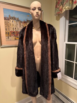 New! Female 40'' Chocolate Black & Brown Mink Real Fur Swing Coat Large 16 USA