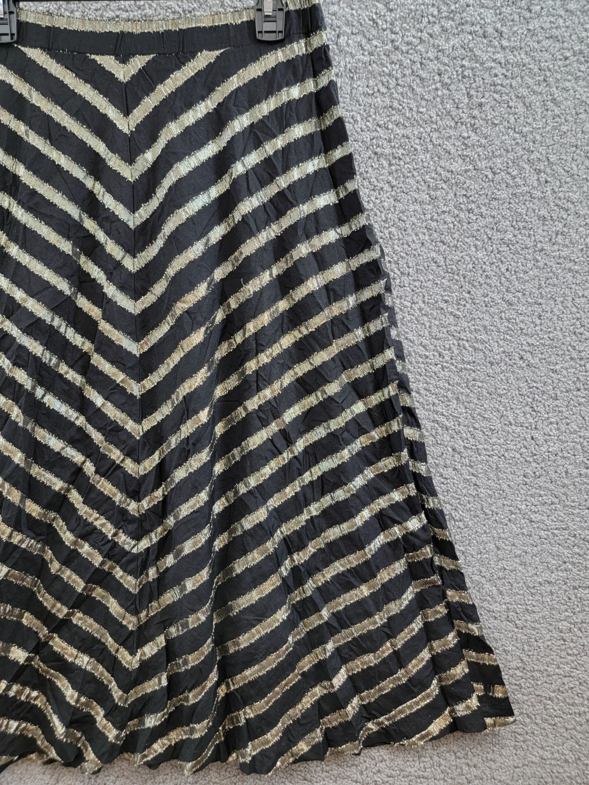 ALFANI Metallic Striped Midi Skirt Women's 8 Black/Gold Elastic Waist Pull On - Picture 6 of 15