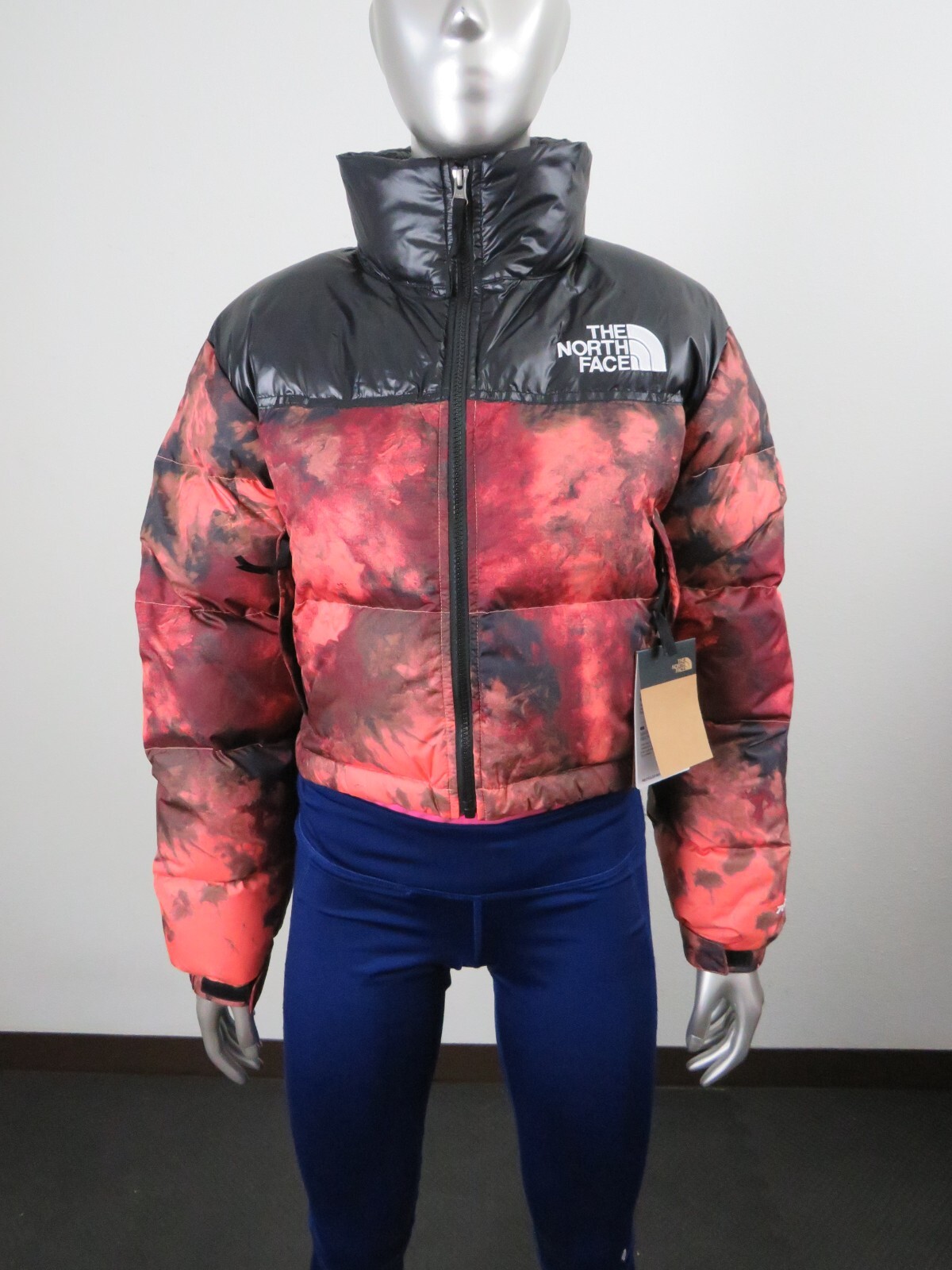 Pre-owned The North Face Womens  Printed Nuptse Short Crop 700-down Jacket - Coral Dye In Pink