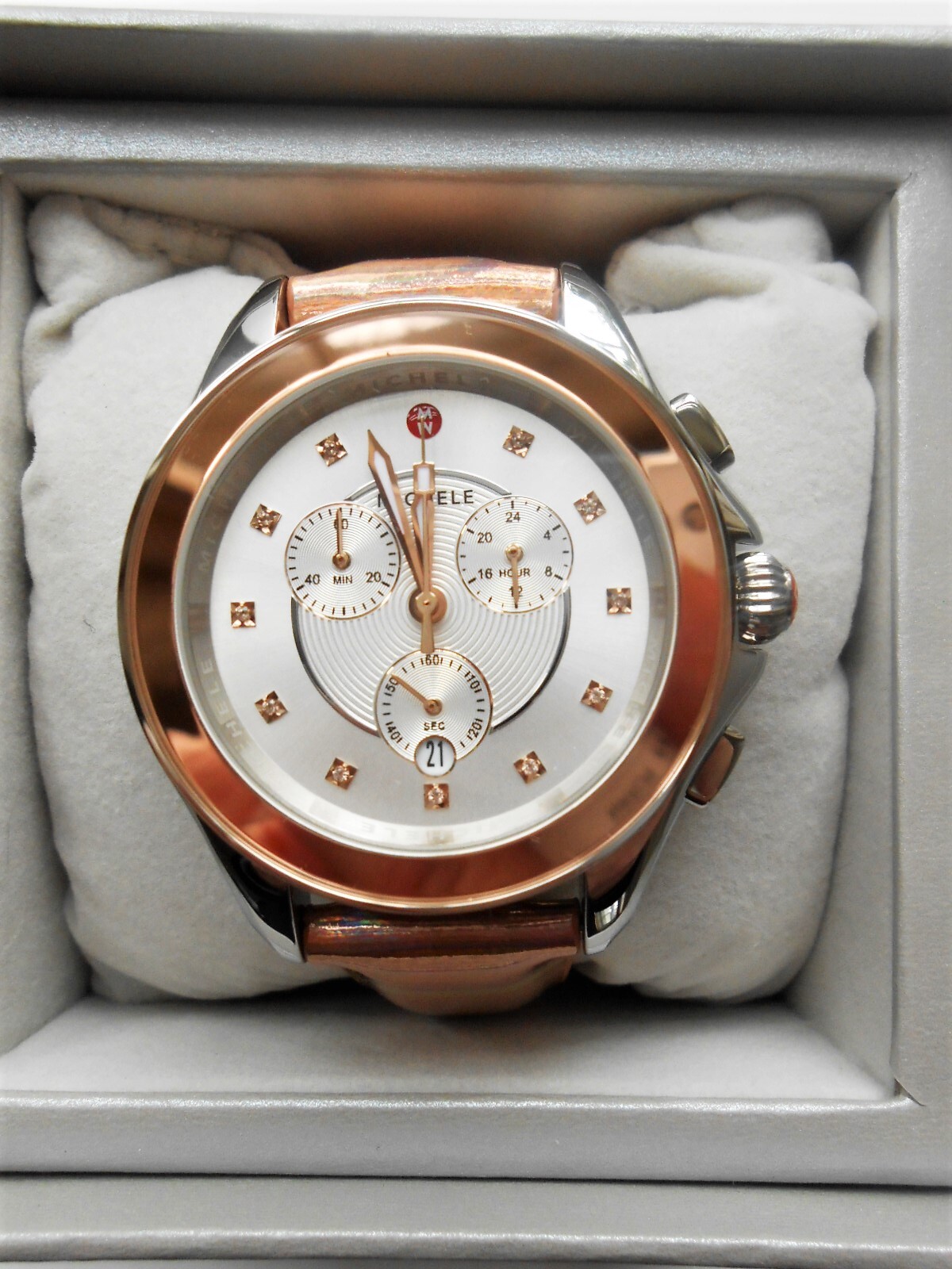 Pre-owned Michele Cape Chrono Diamond Topaz Leather Strap Watch Rose Gold Silver Bnib $595