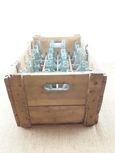 Vintage Wood ATLAS Brewery Beer Box Crate & 24 Old Embossed Glass Beer Bottles