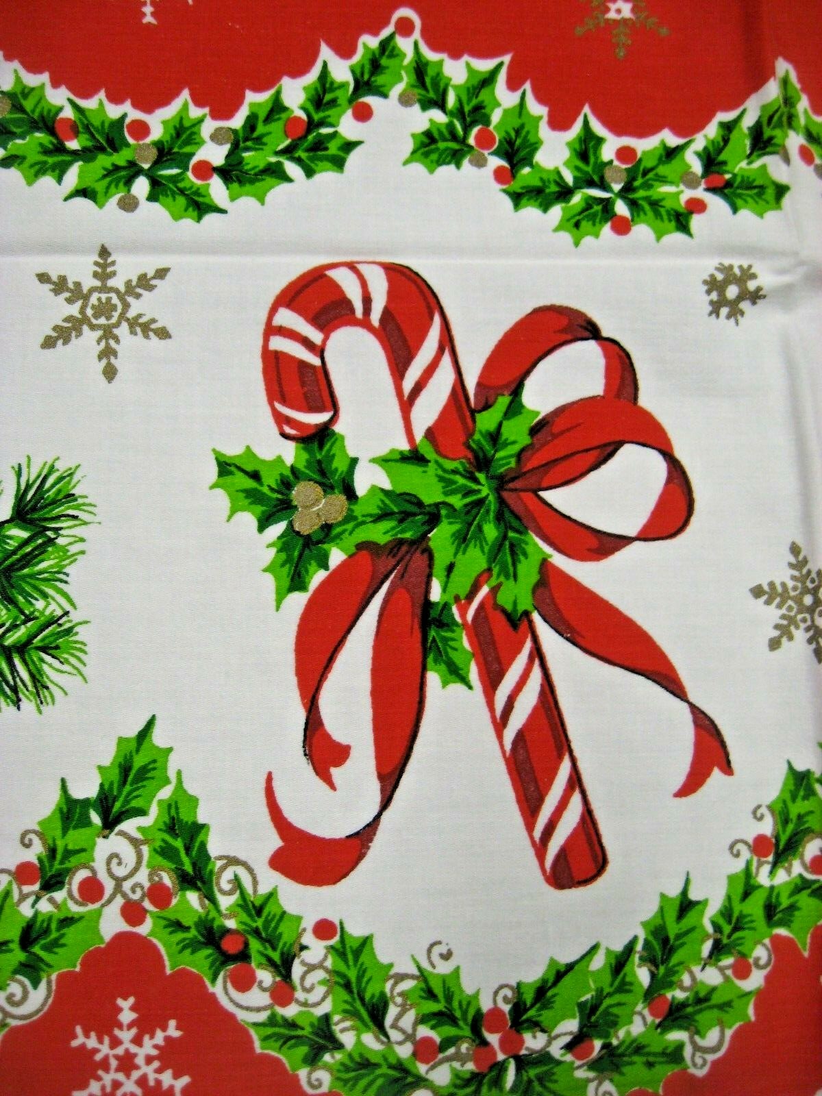 Vintage Printed Christmas tablecloth Oblong Santa BELL candy cane Tablecloth