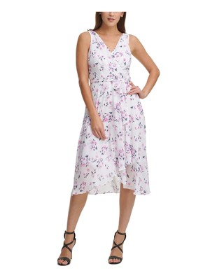 

DKNY Womens White Tie с асимметричным подолом и V-образным вырезом без рукавов Midi Faux Wrap Dress, Белый