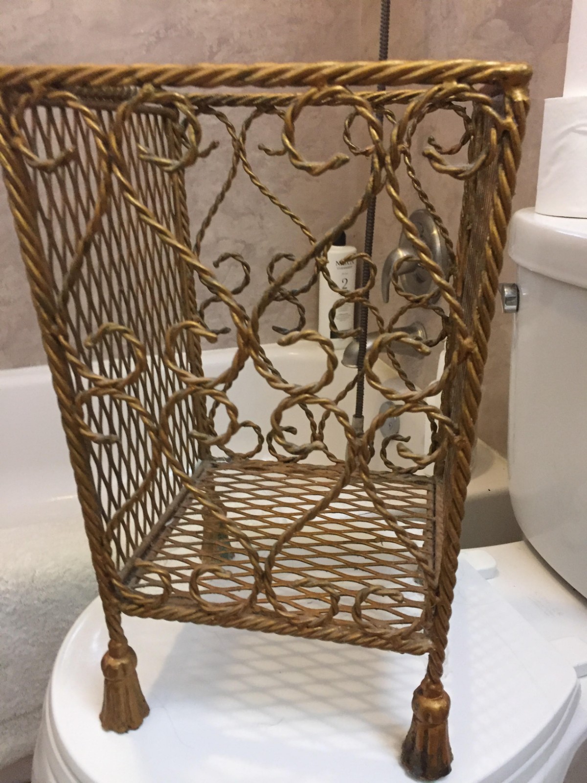 RARE Vtg Italian Mid-century gold IRON rope & tassel WASTEBASKET TISSUE HOLDER