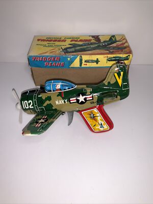 Vintage VA-102 Navy Friction Powered Tin Litho Trigger Plane NOS! W/Box.