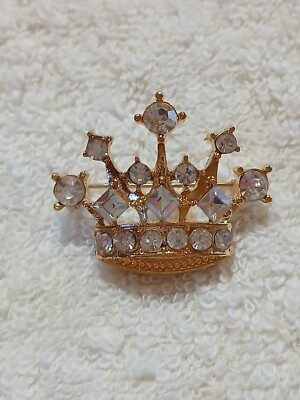 LOVELY  GOLD TONE ALL CLEAR RHINESTONES ROYAL CROWN BROOCH/PIN