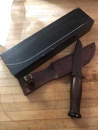 Ka-Bar Mark 1 Fixed Blade Knife Brown Leather Handle Black Plain Blade 2225