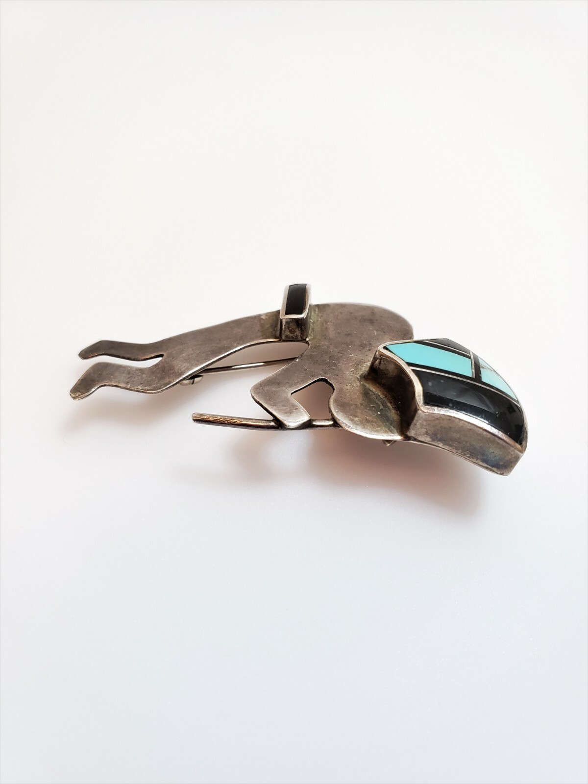 Vintage Signed G.J. Sterling Turquoise Black Onyx Kokopelli Brooch/Pendant  #B91