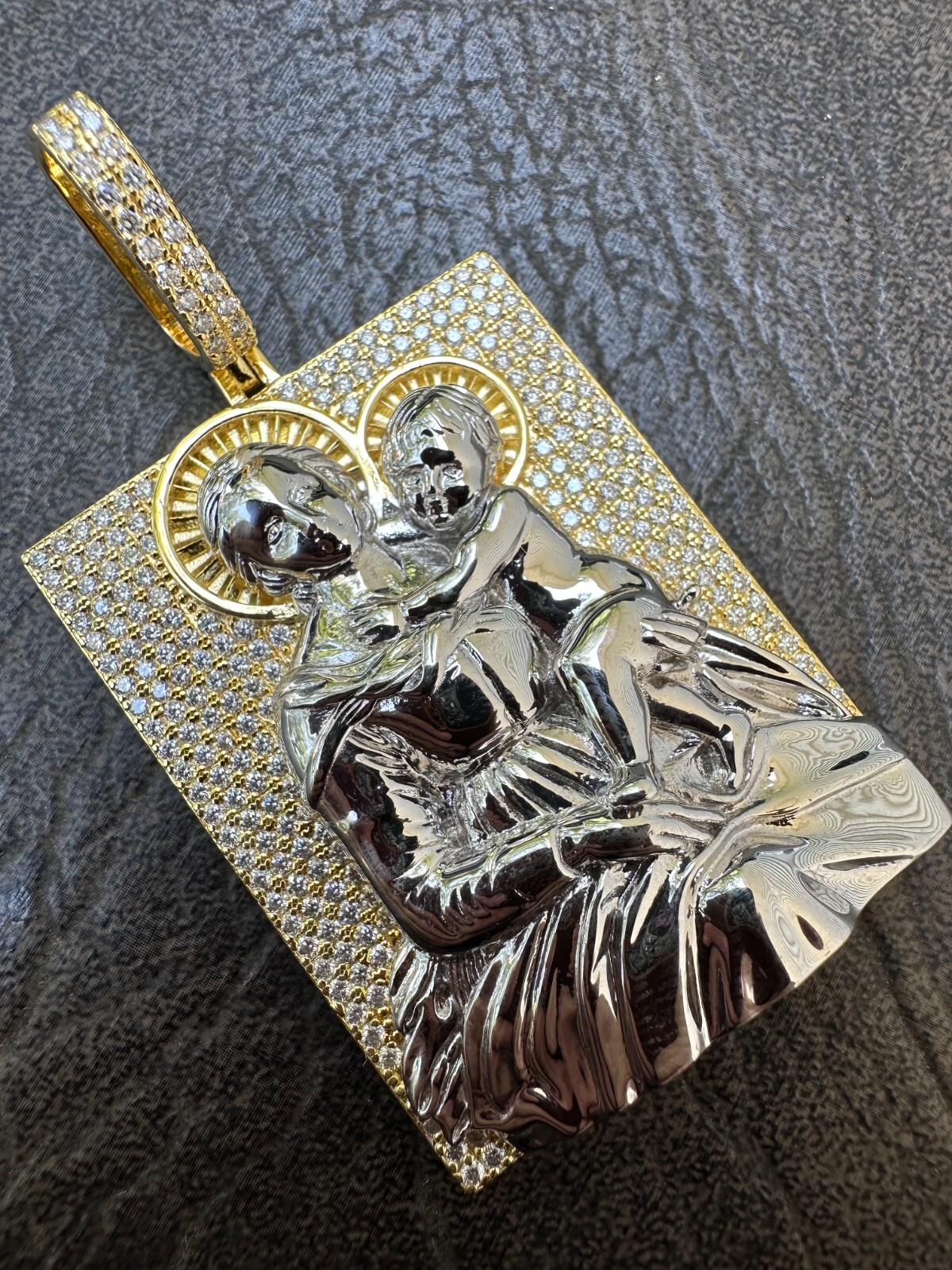 Pre-owned Harlembling Moissanite Virgin Mary Pendant Real 925 Silver Necklace Large 2.5" Ice Out Piece In White