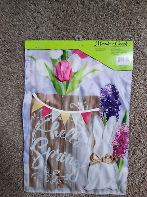 Spring Garden Flag  Hello Spring  Flowers Rabbit Appliqués 12 x18.5  Brand New