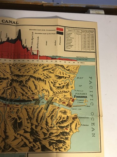 Vintage Folding Map Bird's Eye View Of The Panama Canal & Panama circa 1915 rare