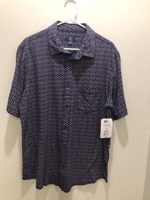 Men s Size L (42-44) Button Down S S Shirt Blue Yellow Coral Print NEW