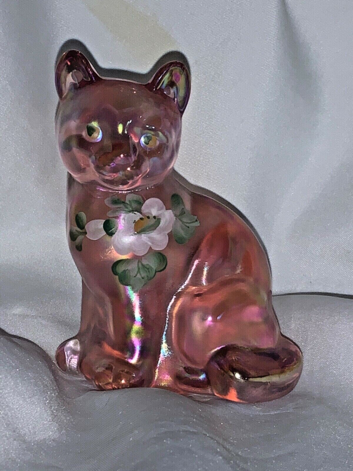 Fenton Art Glass Hand Painted Pink Sitting Cat Figurine