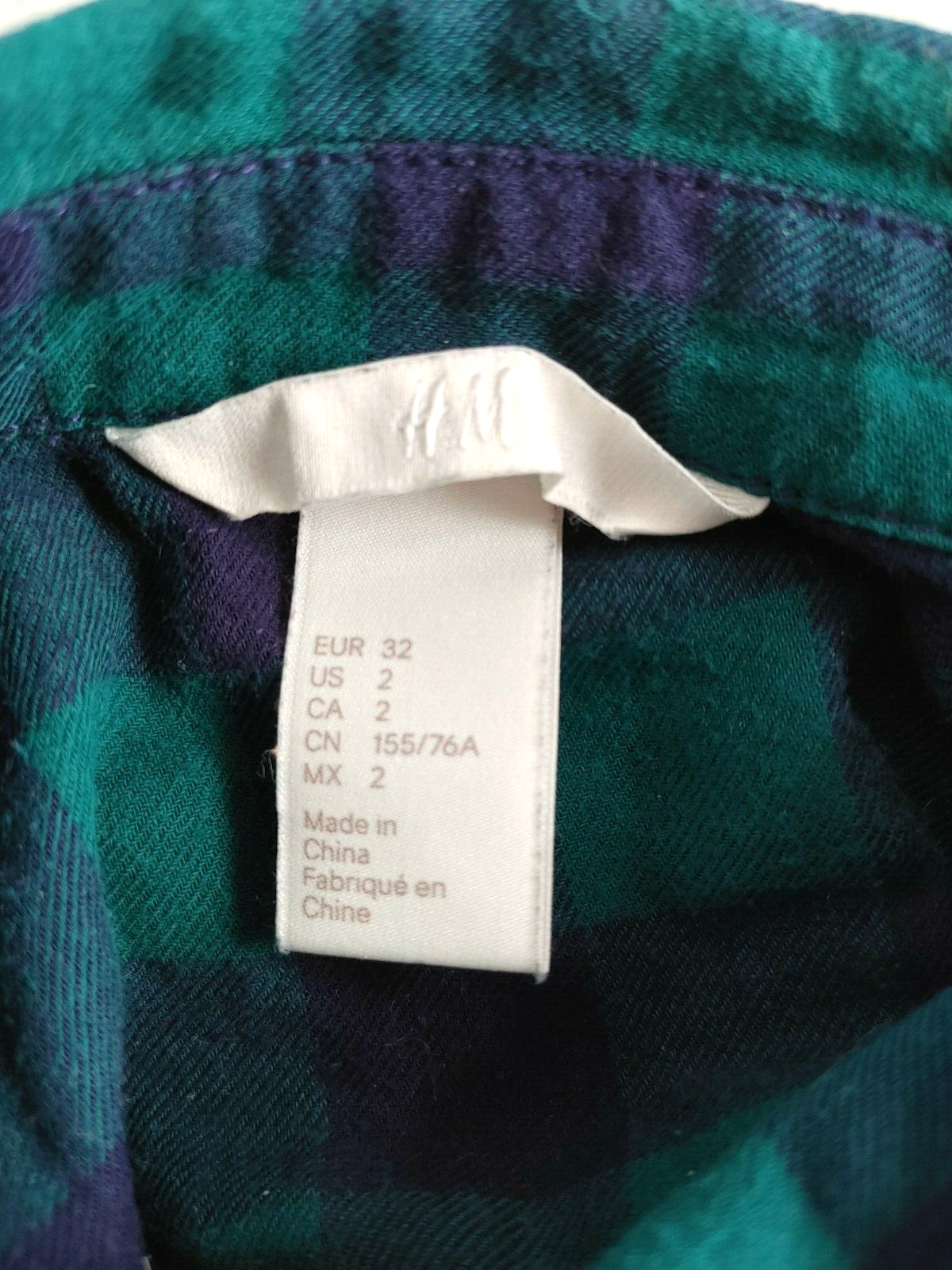 H&M Button Up Flannel Shirt Long Slv Green and Navy Plaid Size 2 #13156