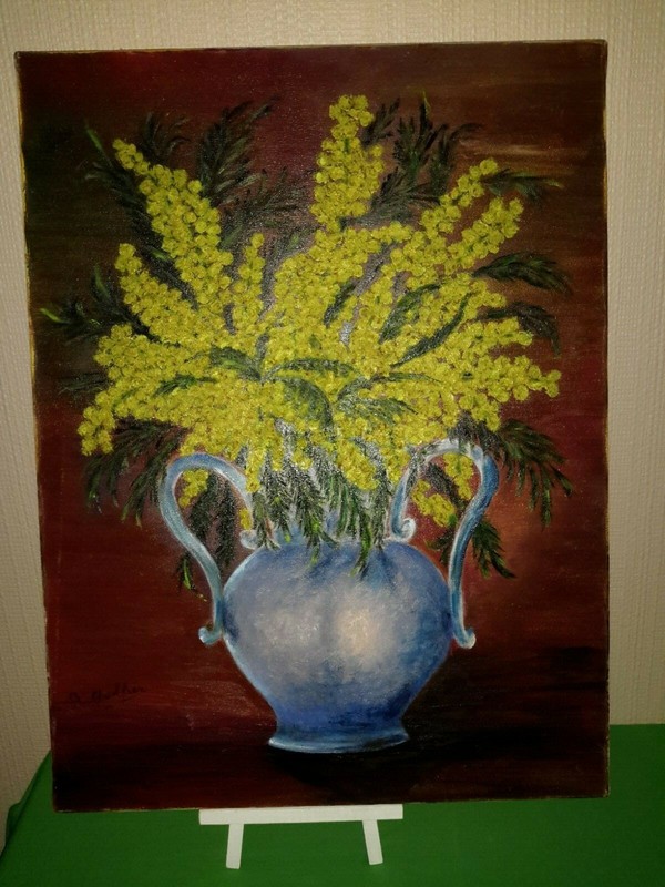 Peinture Sur Toile  Mimosa Dans Le Vase Bleu Signe G.Golfier Tres Joli
