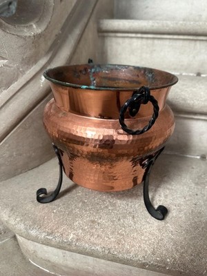 French Vintage Hammered Copper Planter Pot on Iron Legs with H...