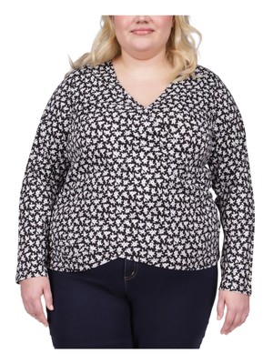 

MICHAEL KORS Женский топ с длинными рукавами и вырезом из искусственной кожи с запахом плюс, Черный