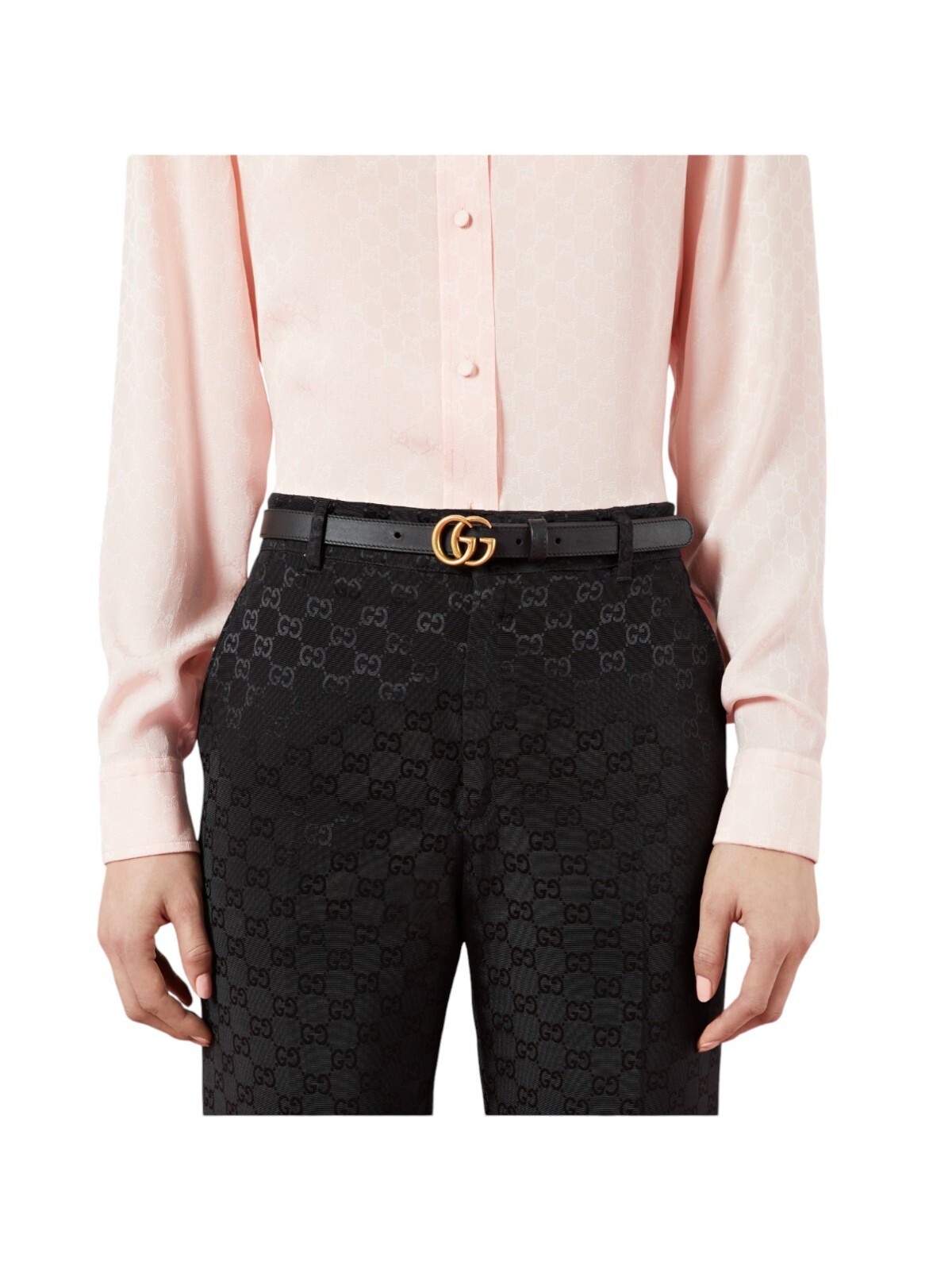 Pre-owned Gucci Gg Marmont Womens Thin Belt With Brass Color Buckle In Black