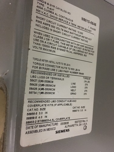 Landis & Gyr 400A 1 PHASE 3W 120/240V 3R METER SOCKET BASE no lugs #6405