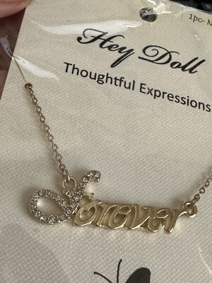 Hey Doll Thoughtful Expressions Necklace ''Forever'' Gold Plated/Crystals NWT 18''