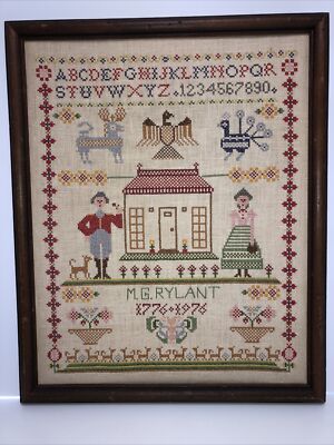 Needle N Hoops BICENTENNIAL SAMPLER 1976 Completed, Framed Vintage M.G. Rylant
