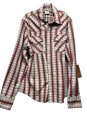 True Religion Women's 2XL Long Sleeve Pearl Snap Cotton Red White Shirt NEW (F8