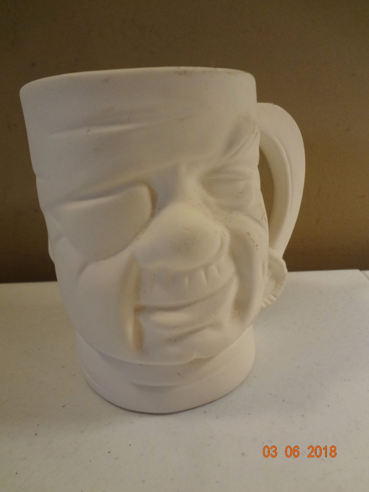 Vintage 70s Handmade Ceramic Bisque Ready to Paint Pirate Mug