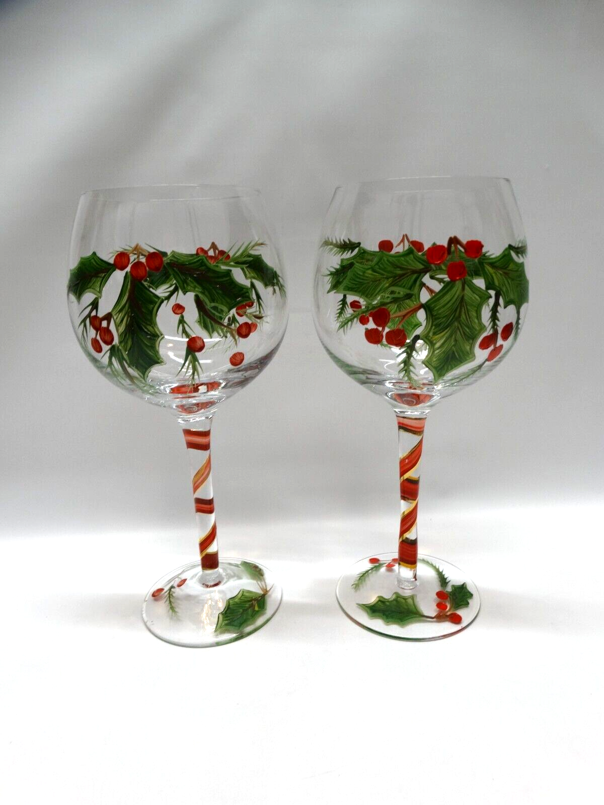 Hand Painted Christmas Wine Glasses set of 2 Snow and Holly 