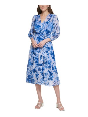 

CALVIN KLEIN Женская синяя юбка с поясом и рукавами-фонариками Midi Fit + Flare Dress, Синий