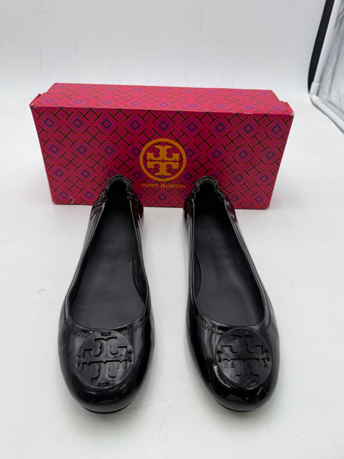 Tory Burch Minnie Travel Ballet Flats Patent Leather Black Logo Women’s Size 8.5
