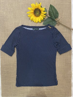 Lauren Ralph Lauren Navy w/White Polka Dots Boat Neck 3/4 Sleeve Shirt SZ S