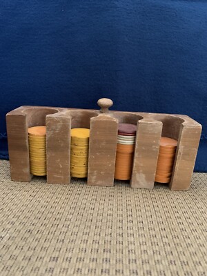 Vintage Wood Poker Chip Caddy With 60 Clay Poker Chips