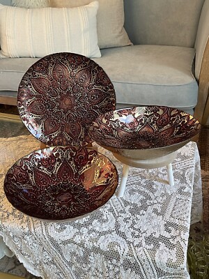 Set Of Three Goofus Glass Plate, Bowl, Oval Platter Bronze Gold Red