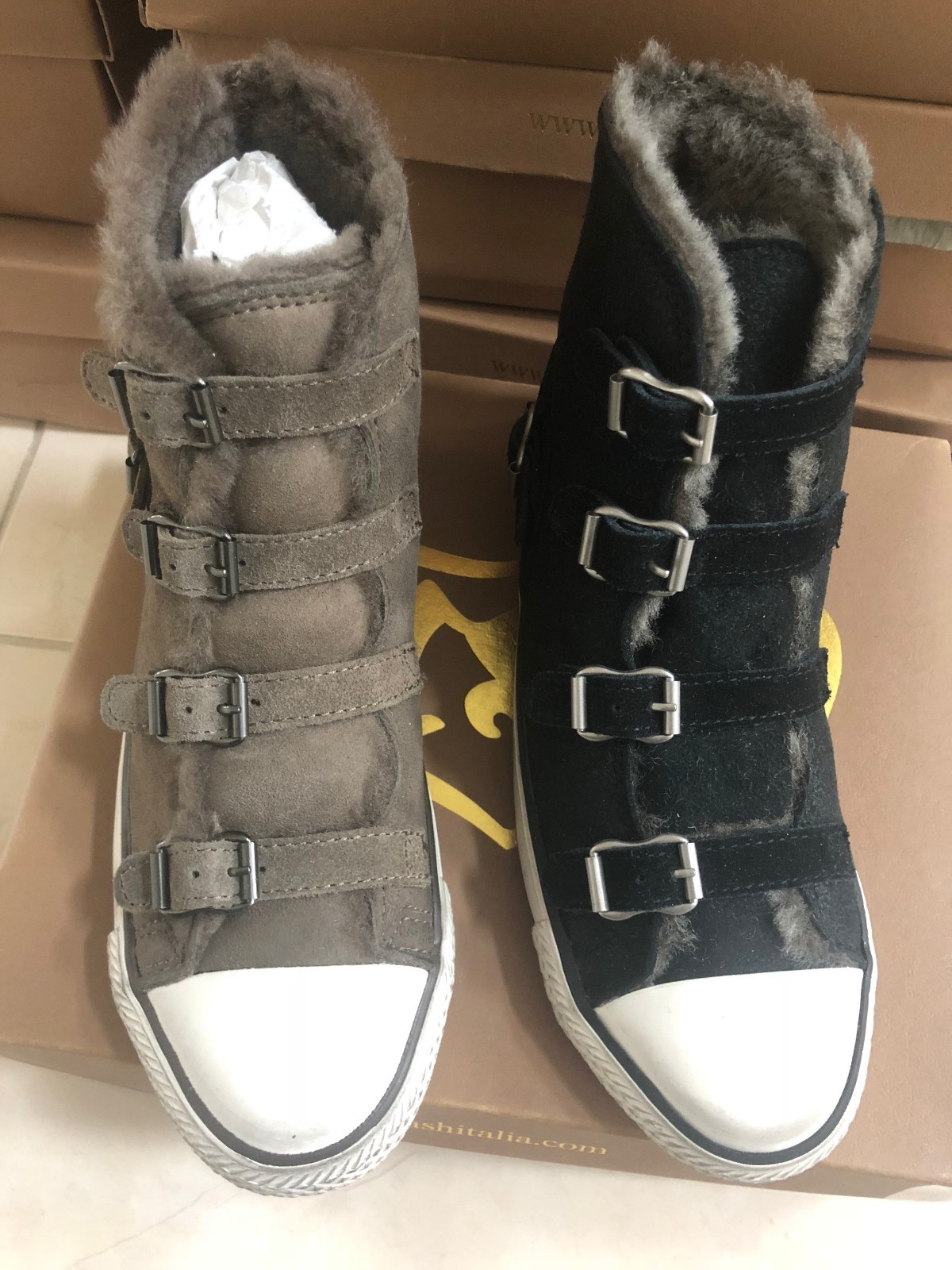 NIB ASH WOMEN'S VIRGINY SHEARLING LINEED LEATHER AND SUEDE