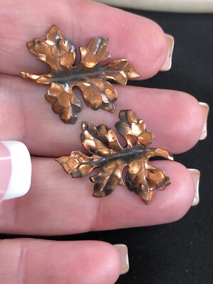 Vintage Screw Back Earrings Mid Century Leaf Design Copper Hand Made  Signed Kim