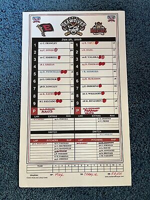 Erie Seawolves New Britain Rock Cats 6/26/16 Game Used Lineup Card