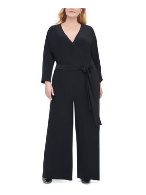 

TOMMY HILFIGER Женский черный комбинезон с широкими штанинами и длинными рукавами с поясом и запахом плюс