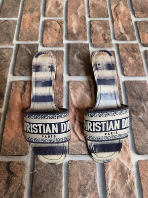 CHRISTIAN DIOR Embroidered Dway Heeled Slides Dark Blue Striped EU 36 US 6