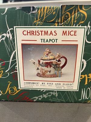 Omnibus By Fitz and Floyd Cute 2pc Mice Christmas Teapot W/ribbons & Presents!