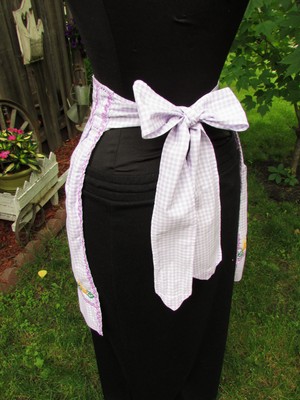 Vintage Cotton Gingham Lilac & White Half Apron with Cross Stitching