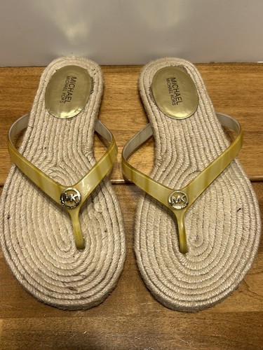 Michael Kors Flip Flop Sandals Women's 7 * SEE Gold MK Logo