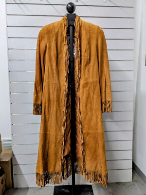 Escada Womens Long Fringe Suede Coat Tan Size 38 NEW