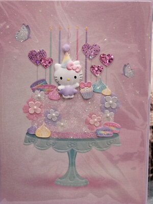 PAPYRUS SANRIO HELLO KITTY ON  CAKE GLITTERY 3D HEART PRINCESS BIRTHDAY CARD