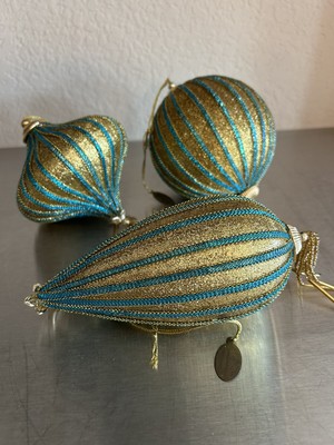 Katherine's Collection GOLD &  TEAL Jeweled Tasseled Christmas Ornaments set (3)