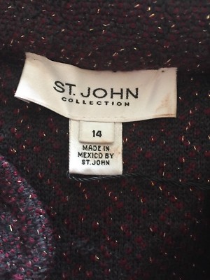 Pre-owned St. John's Bay St John Knit Long Jacket Topper Sz 14 Long Tweed Hematite Melange Wool In Black, Lara Red, Gold Shimmer